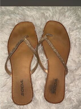 Soda Tan Rhinestone T-Strap Flat Sandals